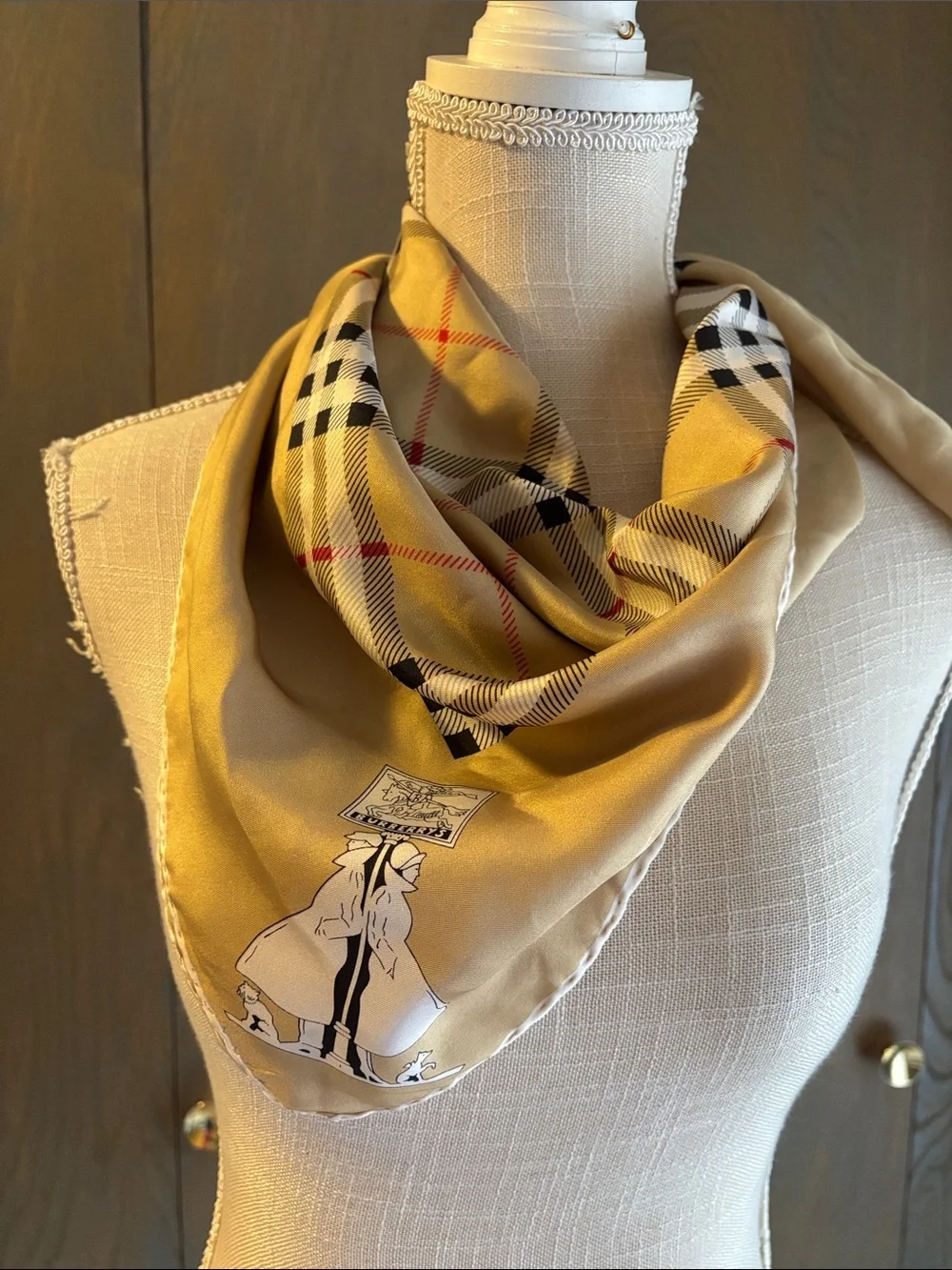 Burberry Vintage Nova Check Silk Scarf Plaid Red Black White Hand Stitch